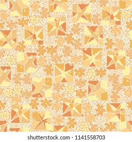 A seamless editable abstract pattern composed of star-broken squares and symbolic flowers.
There is a background texture similar to beech boards.