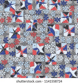 A seamless editable abstract pattern composed of star-broken squares and symbolic flowers.
There is a background texture consisting of four-beam concentric stars.