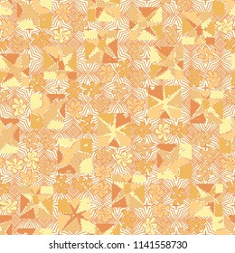 A seamless editable abstract pattern composed of star-broken squares and symbolic flowers.
There is a background texture consisting of four-beam concentric stars.