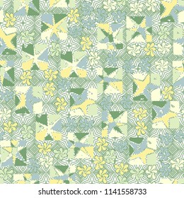 A seamless editable abstract pattern composed of star-broken squares and symbolic flowers.
There is a background texture consisting of four-beam concentric stars.