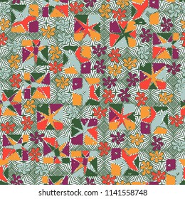 A seamless editable abstract pattern composed of star-broken squares and symbolic flowers.
There is a background texture consisting of four-beam concentric stars.