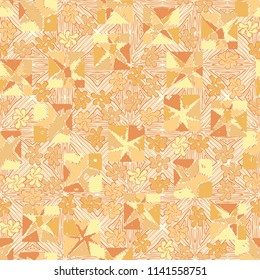 A seamless editable abstract pattern composed of star-broken squares and symbolic flowers.
There is a background texture similar to parquet.