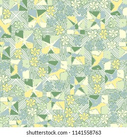 A seamless editable abstract pattern composed of star-broken squares and symbolic flowers.
There is a background texture similar to parquet.