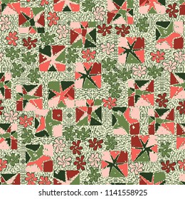 A seamless editable abstract pattern composed of star-broken squares and symbolic flowers.
There is a background texture similar to beech boards.