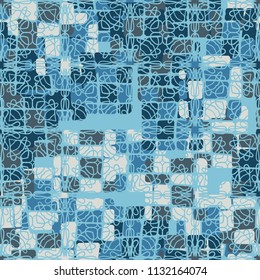 Seamless editable abstract pattern. Multi-colored camouflage texture. Divided rounded squares. The picture is covered with an openwork net.