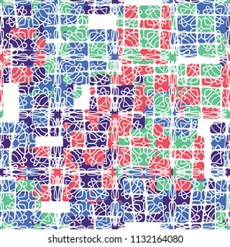 Seamless editable abstract pattern. Multi-colored camouflage texture. Divided rounded squares. The picture is covered with an openwork net.