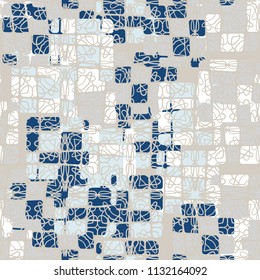 Seamless editable abstract pattern. Multi-colored camouflage texture. Divided rounded squares. The picture is covered with an openwork net.