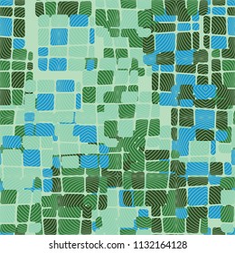 Seamless editable abstract pattern. Multi-colored camouflage texture. Divided rounded squares. Above the picture is an abstract network of fine lines.