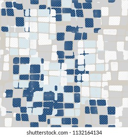 Seamless editable abstract pattern. Multi-colored camouflage texture. Divided rounded squares. Above the picture is an abstract network of fine lines.