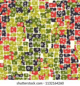 Seamless editable abstract pattern. Multi-colored camouflage texture. Divided rounded squares. Above the picture is a scattering of seven-pointed stars.