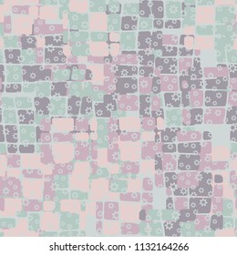 Seamless editable abstract pattern. Multi-colored camouflage texture. Divided rounded squares. Above the picture is a scattering of seven-pointed stars.