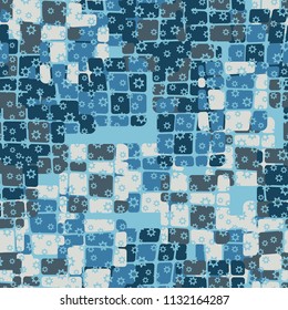 Seamless editable abstract pattern. Multi-colored camouflage texture. Divided rounded squares. Above the picture is a scattering of seven-pointed stars.
