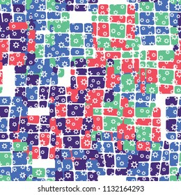 Seamless editable abstract pattern. Multi-colored camouflage texture. Divided rounded squares. Above the picture is a scattering of seven-pointed stars.