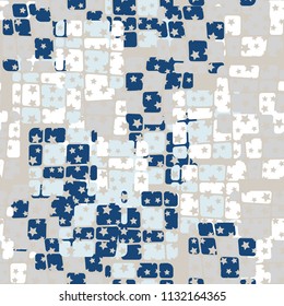 Seamless editable abstract pattern. Multi-colored camouflage texture. Divided rounded squares. The picture is covered with a scatter of five-pointed stars.