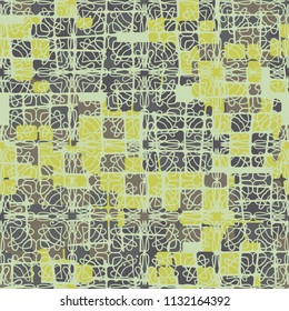 Seamless editable abstract pattern. Multi-colored camouflage texture. Divided rounded squares. The picture is covered with an openwork net.