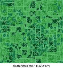 Seamless editable abstract pattern. Multi-colored camouflage texture. Divided rounded squares. The picture is covered with an openwork net.