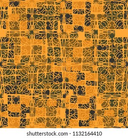 Seamless editable abstract pattern. Multi-colored camouflage texture. Divided rounded squares. The picture is covered with an openwork net.