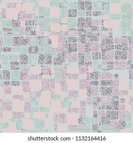 Seamless editable abstract pattern. Multi-colored camouflage texture. Divided rounded squares. The picture is covered with an openwork net.