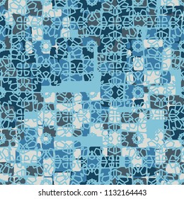 Seamless editable abstract pattern. Multi-colored camouflage texture. Divided rounded squares. The painting is covered with a network of abstract curls.