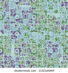 Seamless editable abstract pattern. Multi-colored camouflage texture. Divided rounded squares. The painting is covered with a network of abstract curls.