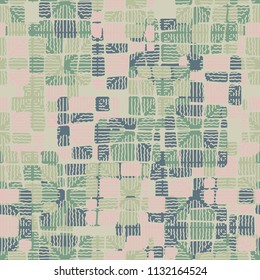 Seamless editable abstract pattern. Multi-colored camouflage texture. Divided rounded squares. The painting is covered with a network of wavy lines.