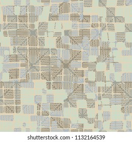 Seamless editable abstract pattern. Multi-colored camouflage texture. Divided rounded squares. The painting is covered with a network of wavy lines.