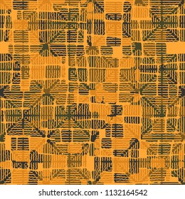 Seamless editable abstract pattern. Multi-colored camouflage texture. Divided rounded squares. The painting is covered with a network of wavy lines.
