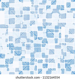 Seamless editable abstract pattern. Multi-colored camouflage texture. Divided rounded squares. The painting is covered with a network of wavy lines.