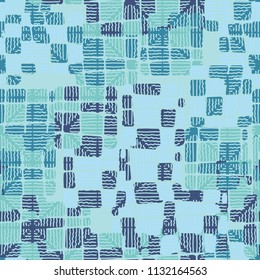 Seamless editable abstract pattern. Multi-colored camouflage texture. Divided rounded squares. The painting is covered with a network of wavy lines.