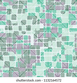 Seamless editable abstract pattern. Multi-colored camouflage texture. Divided rounded squares. The painting is covered with a network of wavy lines.