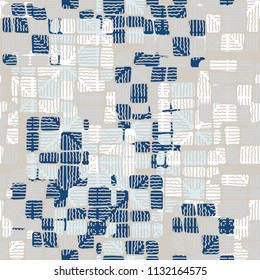 Seamless editable abstract pattern. Multi-colored camouflage texture. Divided rounded squares. The painting is covered with a network of wavy lines.