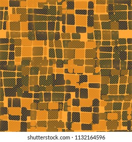 Seamless editable abstract pattern. Multi-colored camouflage texture. Divided rounded squares. Above the picture is an abstract network of fine lines.