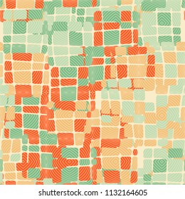 Seamless editable abstract pattern. Multi-colored camouflage texture. Divided rounded squares. Above the picture is an abstract network of fine lines.