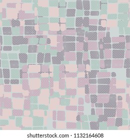 Seamless editable abstract pattern. Multi-colored camouflage texture. Divided rounded squares. Above the picture is an abstract network of fine lines.