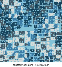 Seamless editable abstract pattern. Multi-colored camouflage texture. Divided rounded squares. The picture is covered with a scatter of five-pointed stars.