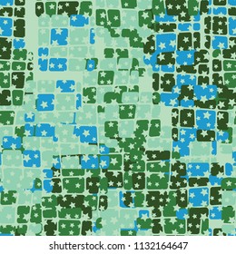 Seamless editable abstract pattern. Multi-colored camouflage texture. Divided rounded squares. The picture is covered with a scatter of five-pointed stars.