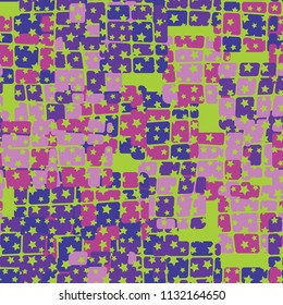 Seamless editable abstract pattern. Multi-colored camouflage texture. Divided rounded squares. The picture is covered with a scatter of five-pointed stars.