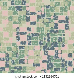 Seamless editable abstract pattern. Multi-colored camouflage texture. Divided rounded squares. Above the picture is a scattering of seven-pointed stars.