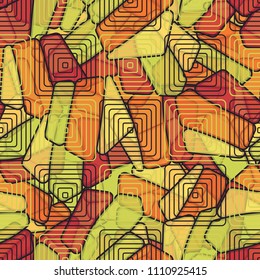 Seamless editable color pattern. The texture is made in camouflage style. The pentagons are divided into three parts. The surface is covered with concentric squares in staggered order.