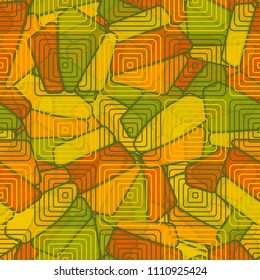 Seamless editable color pattern. The texture is made in camouflage style. The pentagons are divided into three parts. The surface is covered with concentric squares in staggered order.