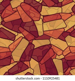 Seamless editable color pattern. The texture is made in camouflage style. The pentagons are divided into three parts. The pattern is covered with a network of concentric rounded squares.