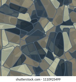 Seamless editable color pattern. The texture is made in camouflage style. The pentagons are divided into three parts. The pattern is covered with a network of concentric rounded squares.