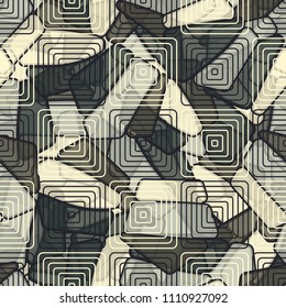 Seamless editable color pattern. The texture is made in camouflage style. The pentagons are divided into three parts. The surface is covered with concentric squares in staggered order. 