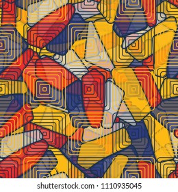 Seamless editable color pattern. The texture is made in camouflage style. The pentagons are divided into three parts. The surface is covered with concentric squares in staggered order.