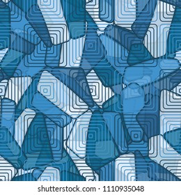 Seamless editable color pattern. The texture is made in camouflage style. The pentagons are divided into three parts. The surface is covered with concentric squares in staggered order.