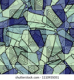 Seamless editable color pattern. The texture is made in camouflage style. The pentagons are divided into three parts. The surface is covered with concentric squares in staggered order.