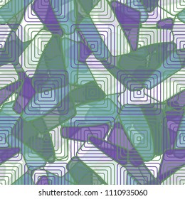 Seamless editable color pattern. The texture is made in camouflage style. The pentagons are divided into three parts. The surface is covered with concentric squares in staggered order.