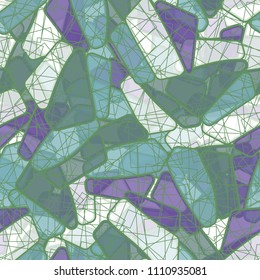 Seamless editable color pattern. The texture is made in camouflage style. The pentagons are divided into three parts. Above the figure, a chaotic network consisting of squares is superimposed.