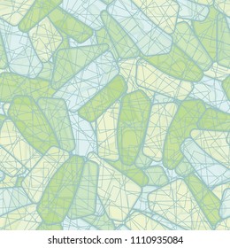 Seamless editable color pattern. The texture is made in camouflage style. The pentagons are divided into three parts. Above the figure, a chaotic network consisting of squares is superimposed.