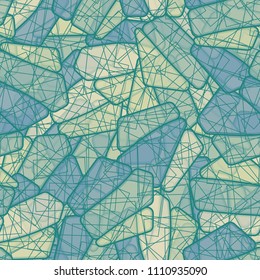 Seamless editable color pattern. The texture is made in camouflage style. The pentagons are divided into three parts. Above the figure, a chaotic network consisting of squares is superimposed.